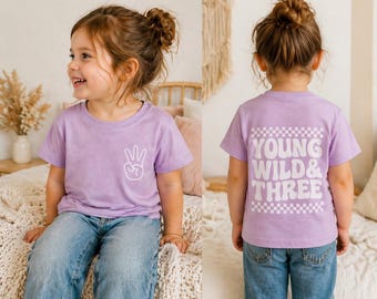 Geburtstag Shirt Mädchen 3 Jahre mit Name | Young Wild Three Kinder T-Shirt personalisiert | Baby Geburtstag Outfit | Geschenk Mädchen