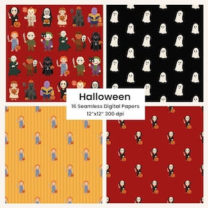 Op de afbeelding: Vier digitale Halloween-thema papieren. Ontwerpen omvatten geesten op zwart, Chucky-poppen op geel en horrorpersonages op rood. De tekst "Halloween" en productdetails zijn ook inbegrepen. De papieren zijn 12"x12" groot.