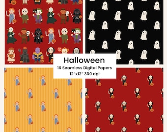 Halloween Digital Paper: Spooky Characters, Seamless Patterns (Digital Download)
