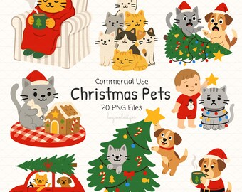 Cute Christmas Cats and Dogs Clipart, Kawaii Xmas Pets (PNG, Commercial Use)