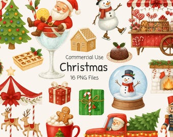 Watercolor Christmas Clipart: Santa, Snowman, Carousel, Fireplace, Gingerbread (PNG Bundle)