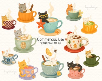 Kawaii Cat in Coffee Cup Clipart: Cozy PNG Set (Commercial Use)