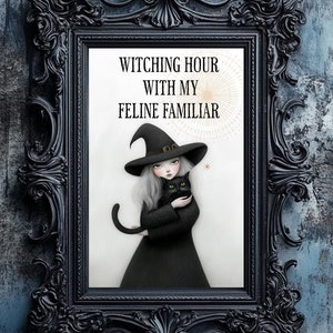 WITCH with BLACK CAT poster, Witch and cat art print, Gothic witch decor, Witch wall art, Cottagecore Gothic art, Cat Familiar poster
