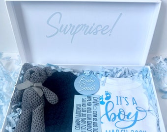 it's a boy foot print  gender reveal gift box, personalized gender reveal, boy announcement, baby boy surprise gender reveal, gender reveal