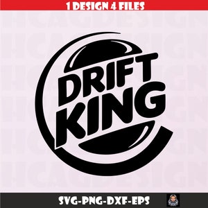 May include: Black and white graphic design of a fast food restaurant logo with the text "DRIFT KING" inside the logo.