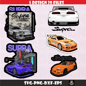 May include: A collection of five car designs featuring the Toyota Supra MK4. The designs include illustrations of the car in various colors, including silver, white, orange, and purple. The word "Supra" is displayed in multiple styles.