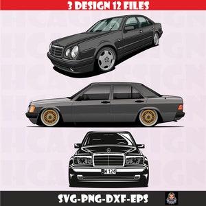 May include: Three different angles of a black Mercedes-Benz car. The car has a black exterior and gold wheels. The car is shown from the side, front, and back.