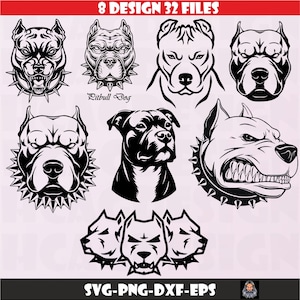 May include: Eight black and white vector illustrations of a Pitbull dog. The dog is shown in various poses, including a side profile, a front view, and a close-up of the face. The dog is wearing a spiked collar in some of the illustrations. The text "Pitbull Dog" is written below the dog's head in one of the illustrations. The text "SVG-PNG-DXF-EPS" is written at the bottom of the image.