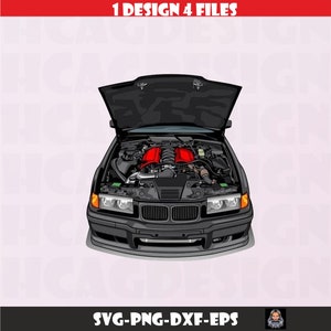 Puede incluir: Un coche negro con el capó abierto, revelando un motor rojo. El coche tiene un parachoques delantero negro y una parrilla negra con un logotipo BMW plateado.