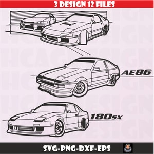 May include: Black and white line art illustrations of three sports cars. The top design shows two cars, with the text "3 DESIGN 12 FILES" in red. The bottom two designs have the text "AE86" and "180sx". The bottom of the image has the text "SVG-PNG-DXF-EPS".