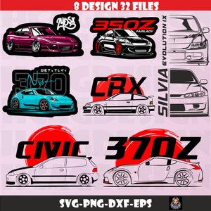 Pode incluir: Um conjunto de oito arquivos de design digital que apresentam vários modelos de carros, incluindo um Honda Civic, um Nissan 370Z, um Honda CRX, um Nissan Silvia e um Toyota Supra. Os designs são em preto e branco e apresentam o nome e o número do modelo do carro.