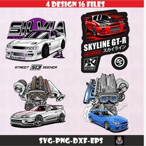 Puede incluir: Cuatro diseños digitales con ilustraciones de coches deportivos japoneses, incluyendo un Silvia blanco, un Skyline GT-R rojo, un Supra blanco y un Skyline GT-R azul. Los diseños también incluyen ilustraciones de motores y texto que dice "SKYLINE GT-R", "SPEEDCIOUS", "TRY TO DRIFT", "SILVIA", "STREET 513 SEEHER" y "NISMO".