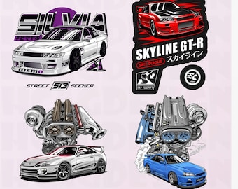 May include: Four digital designs featuring illustrations of Japanese sports cars, including a white Silvia, a red Skyline GT-R, a white Supra, and a blue Skyline GT-R. The designs also include engine illustrations and text that says "SKYLINE GT-R", "SPEEDCIOUS", "TRY TO DRIFT", "SILVIA", "STREET 513 SEEHER", and "NISMO".