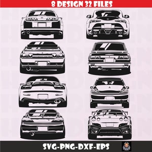 Op de afbeelding: Acht zwart-witte silhouet-illustraties van verschillende automodellen, gezien vanaf de achterkant. De automodellen omvatten een Toyota Supra, een Nissan Skyline, een Mazda RX-7, een Mitsubishi Lancer Evolution, een Nissan GT-R en een Toyota Supra.