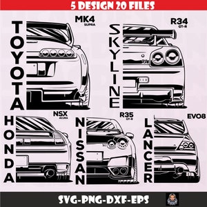 Op de afbeelding: Zwart-witte lijntekeningen van vijf populaire Japanse sportwagens. De auto's zijn de Toyota Supra MK4, de Nissan Skyline R34 GT-R, de Nissan Skyline R35 GT-R, de Honda NSX en de Mitsubishi Lancer Evolution 8. De illustraties zijn in vector-stijl en perfect voor gebruik in ontwerpen, prints en andere creatieve projecten.