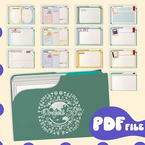 May include: A green folder with a white circle design that says "Project 50" and a white PDF file label. The folder contains multiple pages with different layouts for note-taking, goal setting, and scheduling.