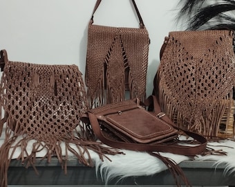 Vintage Marokkaanse lederen Boho tas met franjes, bruin - handgemaakte schoudertas, Marokkaanse leren tas voor dames.