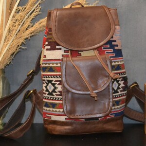 Leather backpack for women, leather and jacquard fabric backpack, Ethnic backpack, boho kilim backpack image 1