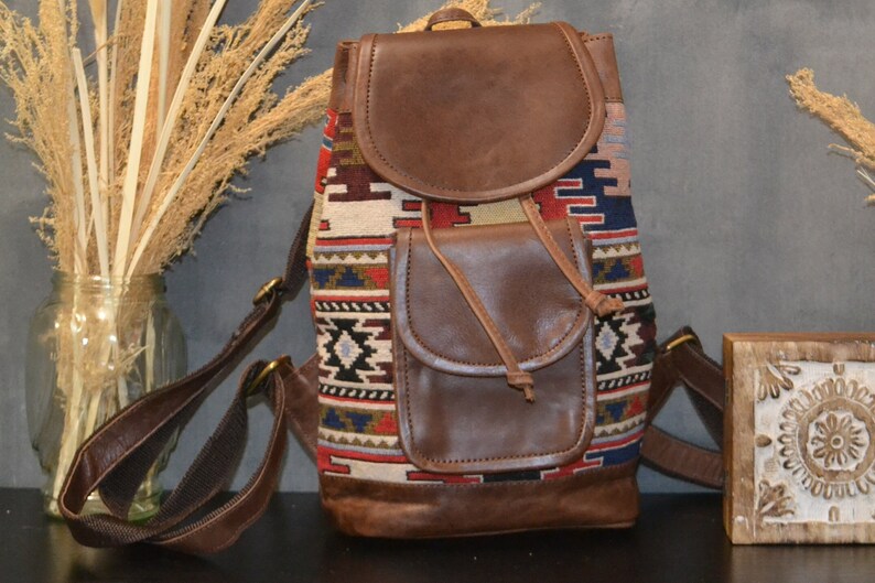 Leather backpack for women, leather and jacquard fabric backpack, Ethnic backpack, boho kilim backpack image 1