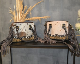 Vintage Indian cowhide leather bag boho vintage leather fringes women's handbag