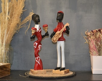 Caribbean carved wooden figurines couple dancer musician hand carved Caribbean decor home decor maracas guitar