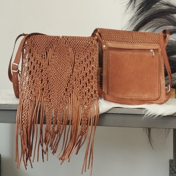 Sac en cuir marocain fait main avec franges en cuir tressées Sac à bandoulière Sac bohème Boho Cadeau pour femme Sac Berbère Sac artisanal