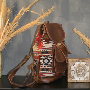 Leather backpack for women, leather and jacquard fabric backpack, Ethnic backpack, boho kilim backpack image 7