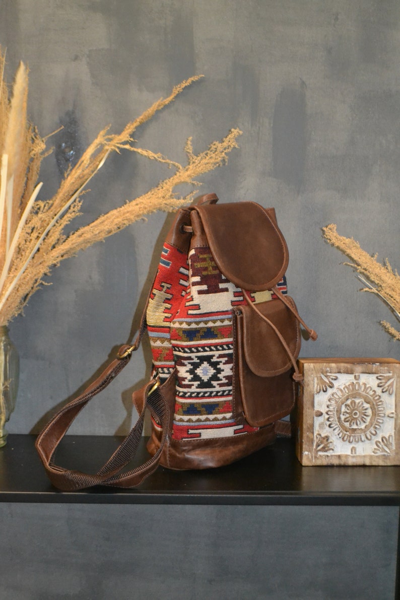 Leather backpack for women, leather and jacquard fabric backpack, Ethnic backpack, boho kilim backpack image 7