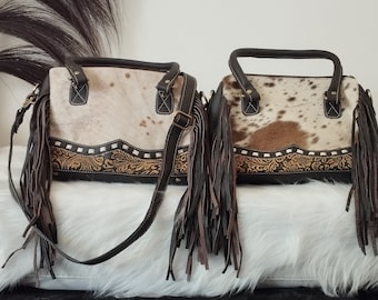 Vintage Indian cowhide leather bag, boho style, vintage fringed leather handbag for women