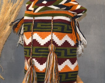 Wayuu Unique Shoulder Bag - Colombian Artisan, Handmade Crochet, Exquisite Bag in earth colors, Aztec patterns, Wayuu Bag