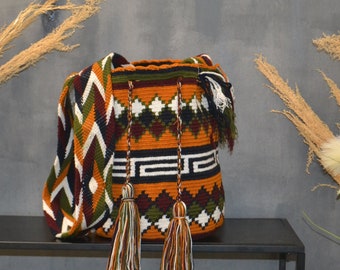 Wayuu Unique Shoulder Bag - Colombian Artisan, Handmade Crochet, Exquisite Bag in earth colors, Aztec patterns, Wayuu Bag