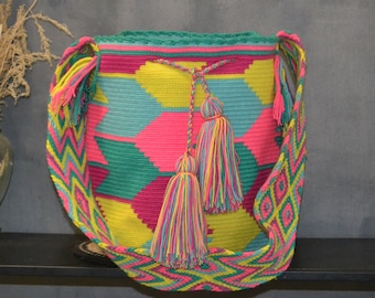 Wayuu Unique Shoulder Bag - Colombian Artisan, Handmade Crochet, Exquisite Bag in bright colors, Aztec patterns, Wayuu Bag