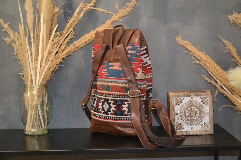 Leather backpack for women, leather and jacquard fabric backpack, Ethnic backpack, boho kilim backpack image 5