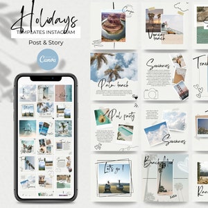 Può includere: Una raccolta di modelli di post e storie di Instagram per le vacanze. I modelli presentano una varietà di immagini, tra cui palme, spiagge e destinazioni di viaggio. Il testo "Holidays" è scritto in nero nella parte superiore dell'immagine. Il testo "Templates Instagram Post & Story" è scritto in nero sotto la parola "Holidays". Il testo "Canva" è scritto in nero sotto il testo "Templates Instagram Post & Story".