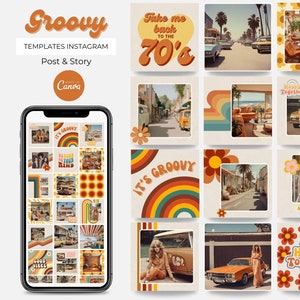 Instagram-Post- und Story-Vorlagen – anpassbar über Canva – Groovy, Siebziger, 70er, 70er