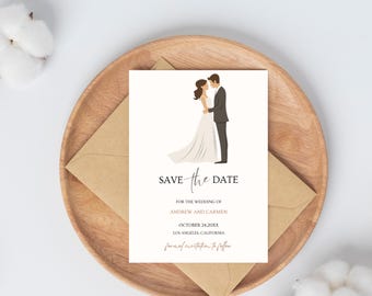 May include: A wedding invitation card with the words "Save the Date" in elegant script. The card features an illustration of a couple and includes details for the wedding of Andrew and Carmen, set for October 24, 20XX, in Los Angeles, California.