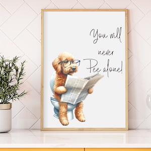 Goldendoodle Bathroom Art Print, Unframed Golden Doodle in the toilet poster, Housewarming goldendoodle dog bath gift Golden doodle wall art