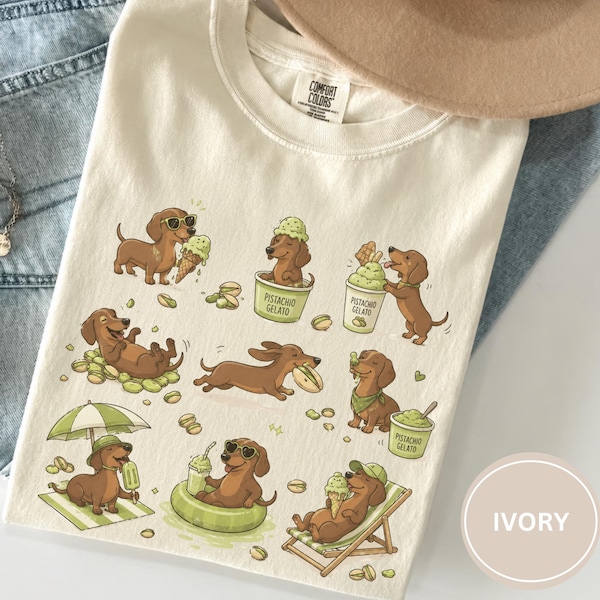Zomer shirt teckel comfort kleuren, worstje hond moeder cadeau, schattig shirt worst hond, pistache teckel T-shirt, hondenliefhebber strandshirt