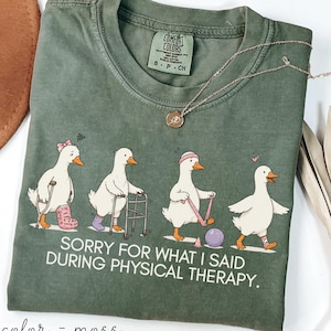 May include: Moss green t-shirt with a humorous graphic of ducks undergoing physical therapy, including a duck with a crutch and a duck with a walker. The text reads "SORRY FOR WHAT I SAID DURING PHYSICAL THERAPY."