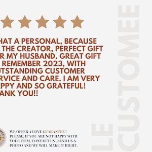 May include: A customer review graphic with five gold stars at the top. Text includes a positive testimonial about a gift, mentioning customer service and gratitude. A logo at the bottom offers a love guarantee.