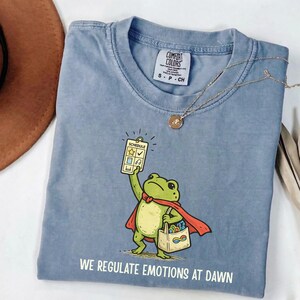 May include: A light blue t-shirt with a cartoon frog superhero design. The frog is holding a phone with a schedule and wearing a red cape. The text "WE REGULATE EMOTIONS AT DAWN" is printed at the bottom.