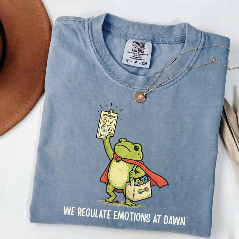 May include: A light blue t-shirt with a cartoon frog superhero design. The frog is holding a phone with a schedule and wearing a red cape. The text "WE REGULATE EMOTIONS AT DAWN" is printed at the bottom.