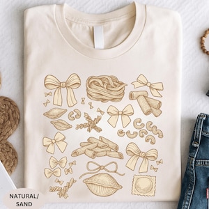 Pasta Shapes Sweatshirt, Cute Coquette Bow Pasta Shirt, Foodie Gift for Women,  Italian Food Aesthetic Graphic Tee, Trendy Food Lover Shirt