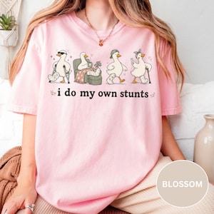 May include: Light pink t-shirt featuring a whimsical illustration of four cartoon geese in various states of injury, each with a cast or crutch. The text "i do my own stunts" is printed below the geese in a playful font.