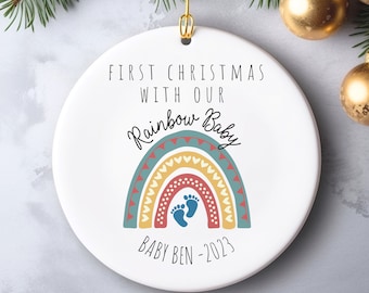 Rainbow baby Christmas ornament, Rainbow baby announcement gift, Personalized first Christmas ornament with baby name, pregnancy after loss