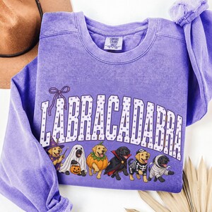 May include: A purple crewneck sweatshirt with a vintage wash finish. The graphic features the text "LABRACADABRA" in white with purple polka dots, accompanied by six Labrador dogs dressed in Halloween costumes including a witch, ghost, pumpkin, vampire, skeleton, and mummy.
