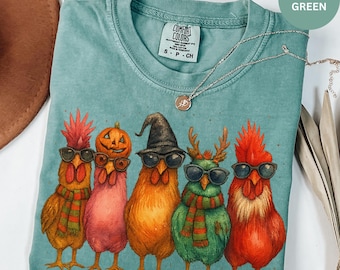 Komfortfärger kyckling Halloween-tröja, rolig bondgårdshelgtröja, färgglad kycklingälskare-gåva, hönagrafisk t-shirt, läskig bondgårdshösttröja