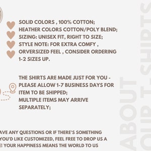 K&ouml;nnte beinhalten: Eine Grafik mit Informationen &uuml;ber personalisierte T-Shirts. Der Text lautet: "Einfarbige Farben, 100 % Baumwolle; Melangefarben Baumwolle/Polyester; Gr&ouml;&szlig;en: Unisex-Passform, normale Gr&ouml;&szlig;e; Stilhinweis: F&uuml;r extra bequem, &uuml;bergro&szlig;e Passform, sollten Sie 1-2 Gr&ouml;&szlig;en gr&ouml;&szlig;er bestellen. Die Shirts werden speziell f&uuml;r Sie angefertigt - bitte erlauben Sie 1-7 Werktage f&uuml;r den Versand des Artikels; Mehrere Artikel k&ouml;nnen separat ankommen; Wenn Sie Fragen haben oder etwas Besonderes personalisieren m&ouml;chten, k&ouml;nnen Sie uns gerne eine Nachricht senden! Ihre Zufriedenheit ist uns wichtig."