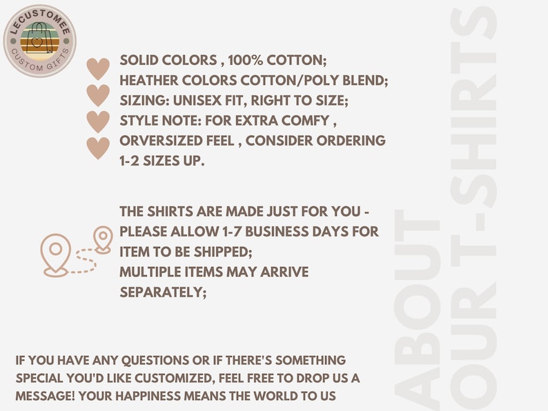K&ouml;nnte beinhalten: Eine Grafik mit Informationen &uuml;ber personalisierte T-Shirts. Der Text lautet: "Einfarbige Farben, 100 % Baumwolle; Melangefarben Baumwolle/Polyester; Gr&ouml;&szlig;en: Unisex-Passform, normale Gr&ouml;&szlig;e; Stilhinweis: F&uuml;r extra bequem, &uuml;bergro&szlig;e Passform, sollten Sie 1-2 Gr&ouml;&szlig;en gr&ouml;&szlig;er bestellen. Die Shirts werden speziell f&uuml;r Sie angefertigt - bitte erlauben Sie 1-7 Werktage f&uuml;r den Versand des Artikels; Mehrere Artikel k&ouml;nnen separat ankommen; Wenn Sie Fragen haben oder etwas Besonderes personalisieren m&ouml;chten, k&ouml;nnen Sie uns gerne eine Nachricht senden! Ihre Zufriedenheit ist uns wichtig."