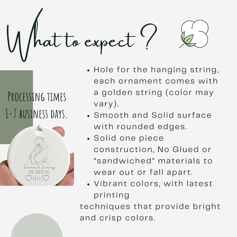 May include: A white round ornament with a golden string, featuring a line drawing of a couple and the text "Emma & Jimmy, God Saved Us, 2023". The ornament has a smooth surface and rounded edges. The text "What to expect?" is at the top.